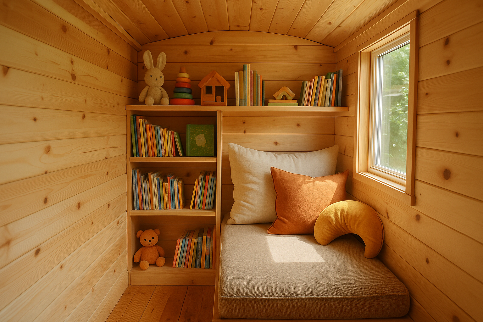 A cozy kid's alcove in a tiny house, with built-in shelves for books and toys, and a comfortable reading nook.