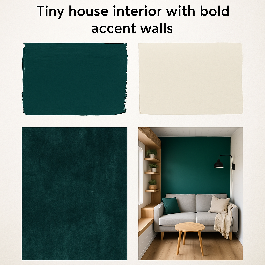 A mood board for a tiny house interior with bold accent walls.