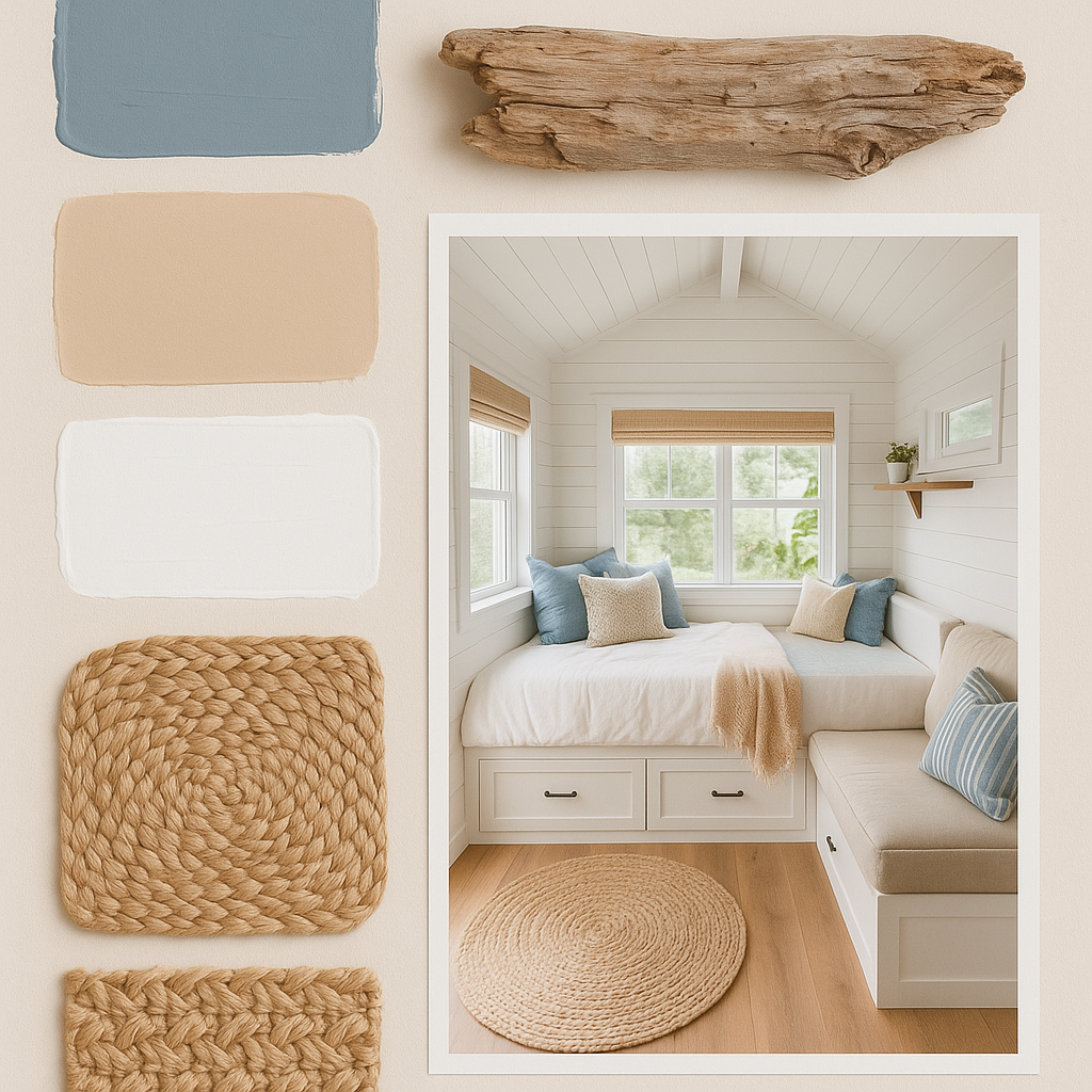 A mood board for a tiny house interior with a coastal-inspired palette.